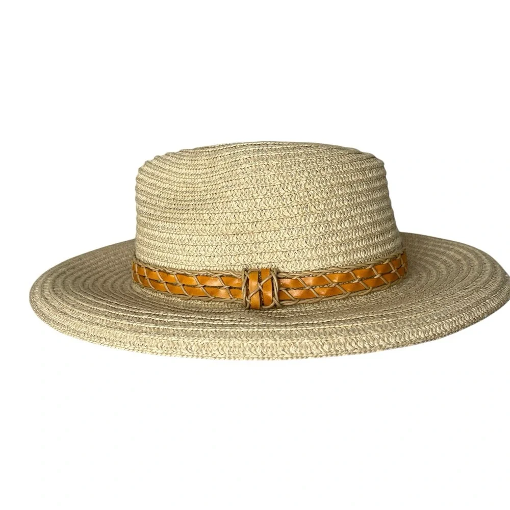 Columbia Straw Beach Sun Floppy Hat Unisex‎ Size S/M Braided Leather